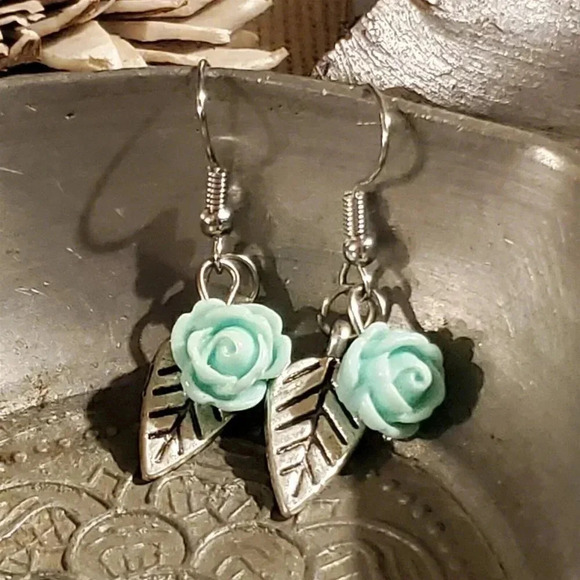 Handcrafted Antique Silver Leaf Light Aqua Blue Lucite Rose Dangle Earrings - Picture 1 of 5